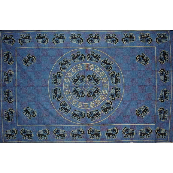 Mandala Elephant Tapestry Cotton Bedspread 106" x 70" Twin Blue