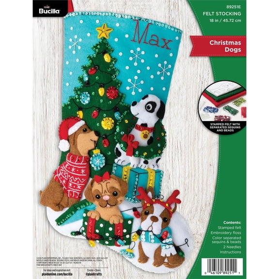 Bucilla Felt Applique Stocking Making Kit, Christmas Dogs, 18"