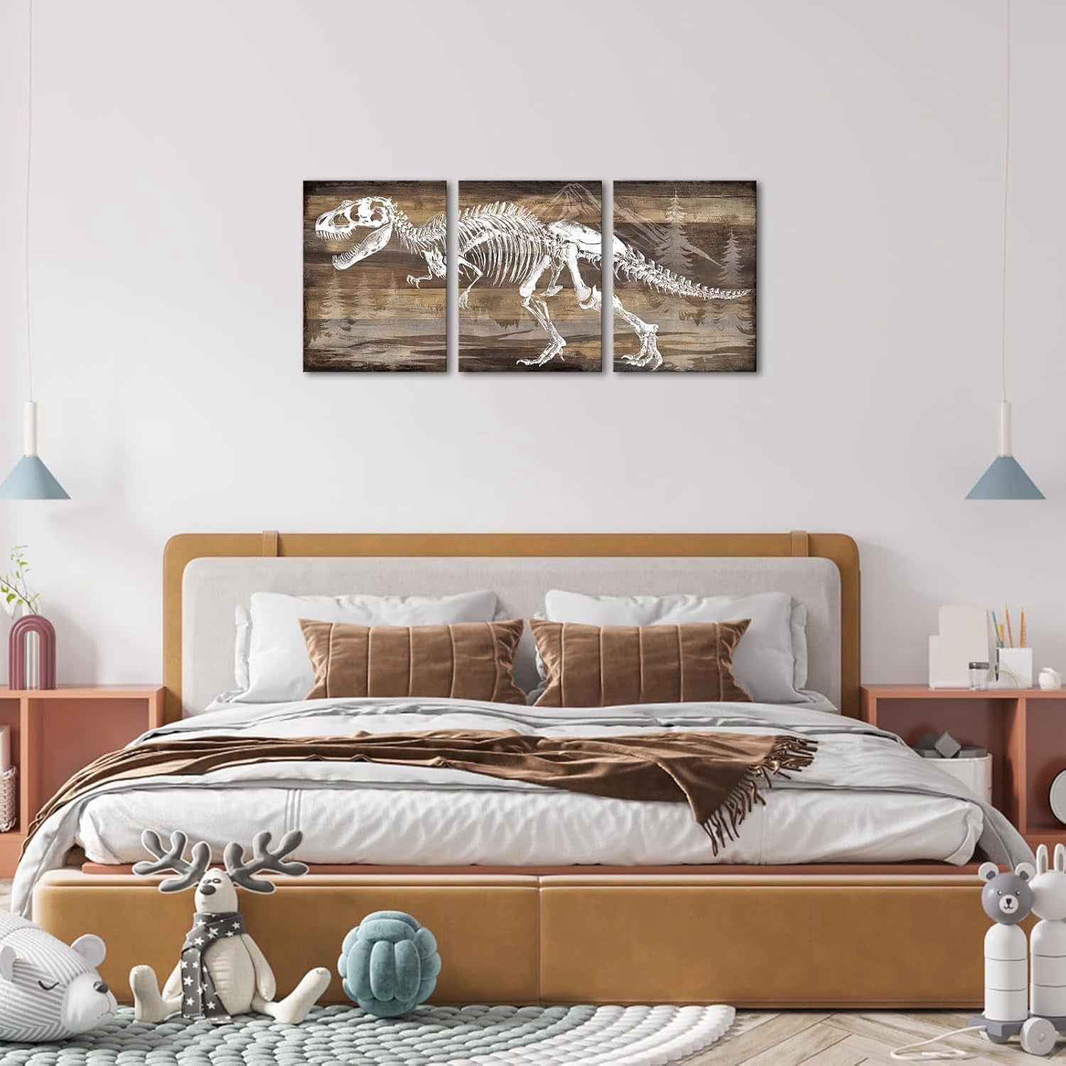JANS.NO1 3 Pieces Dinosaur Skeleton poster Wall Art for Boys Room T-rex Picture Print Dino Mountain Forest Landscape Artwork Kids Bedroom Nursery Decorpcs