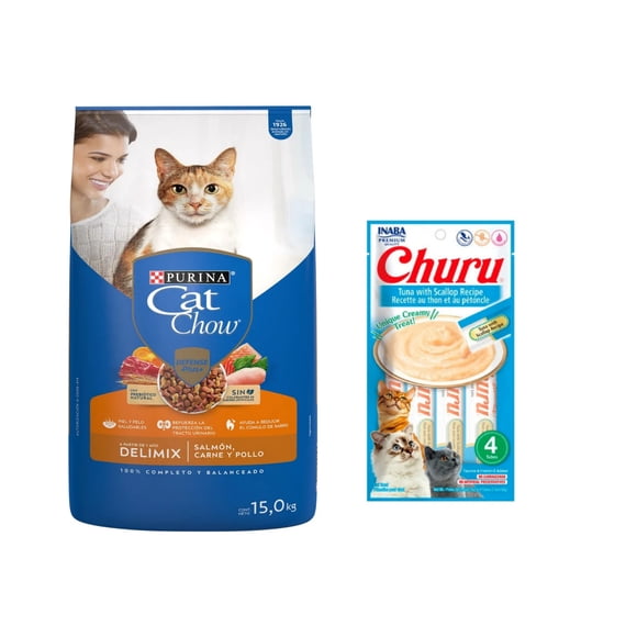 Cat Chow Delimiix Defense Plus 15 kg + Churu Atún con Vieira Sobre con 4 Tubos de 14 g