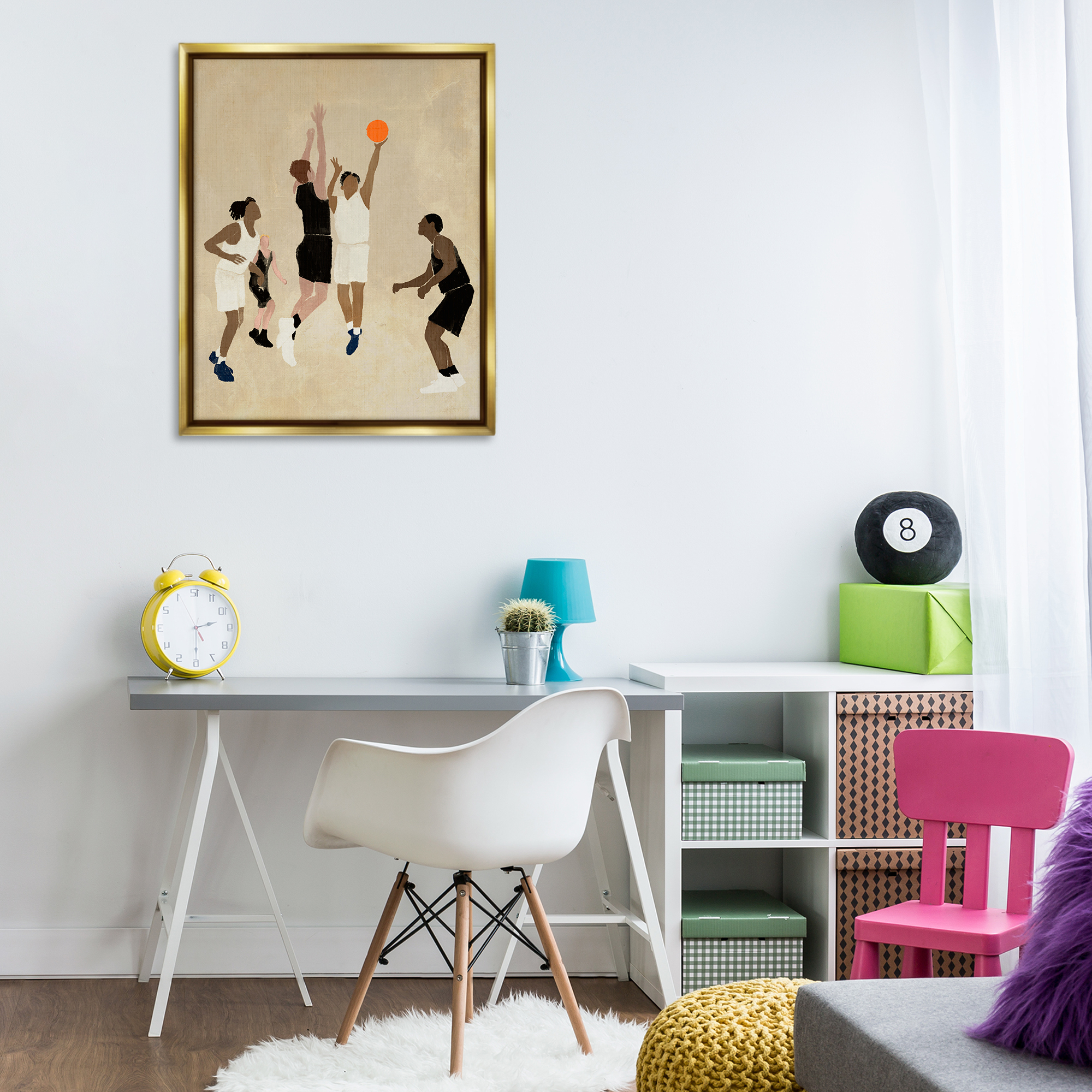 Stupell Industries Players with Basketball Sports Painting Gold Floater Framed Canvas Art Print Wall Art, 25 x 31