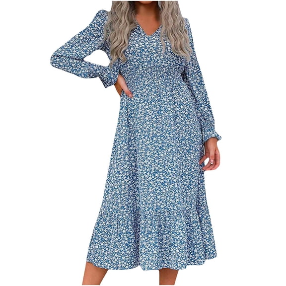 Odeerbi Dresses For Women Fall Dresses Trendy Autumn Winter Floral 2025 Long Sleeves V-Neck Ruffled Flared Sleeves Dress Blue