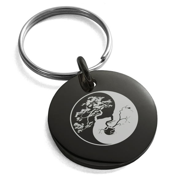 Stainless Steel Bonsai Tree Yin Yang Engraved Small Medallion Circle Charm Keychain Keyring