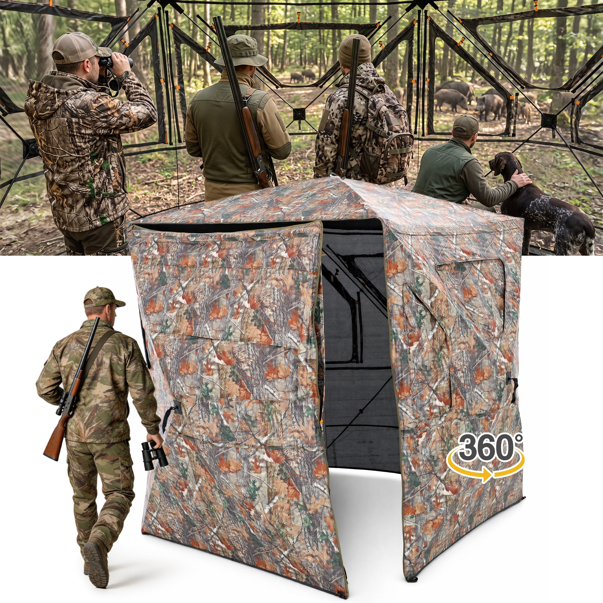LAUSAINT HOME 3-4 Person Hunting Blind 70.5 x 70.5 x 80.5 Portable Pop Up Hunting Tent with 360° See-Through Panels and 90° Corner Door Camo