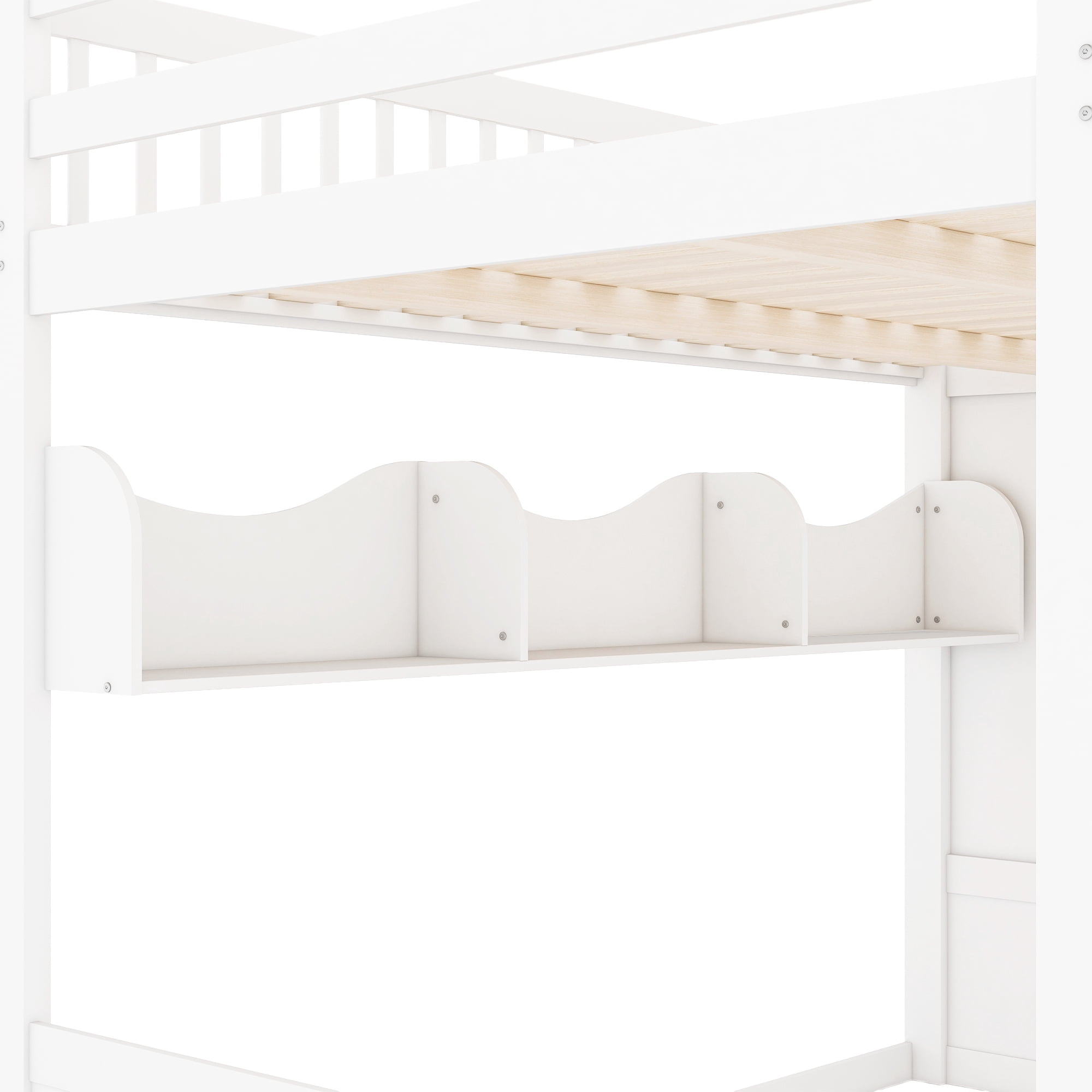 Euroco Wood Queen Size Loft Bed with Staircase and Wardrobe, Storage Bed with Cabinets and Shelves, White