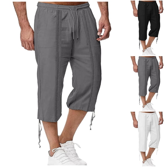 WWV 3/4 Pants Men Cropped Pants Men Pocket Drawstring Elastic Waist Trousers Solid Color Fashion Loose Going out Pants Black L