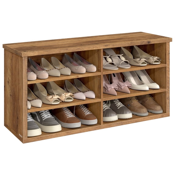 VASAGLE Shoe Bench, Storage Bench, 6 Compartments, Adjustable Shelves, for Living Room, Hallway, 29.5 x 100 x 50 cm, Honey Brown