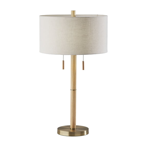 Adesso Madeline Table Lamp, Natural RubberWood Base & Antique Brass, Wood Base, Off-White Textured Fabric Shade