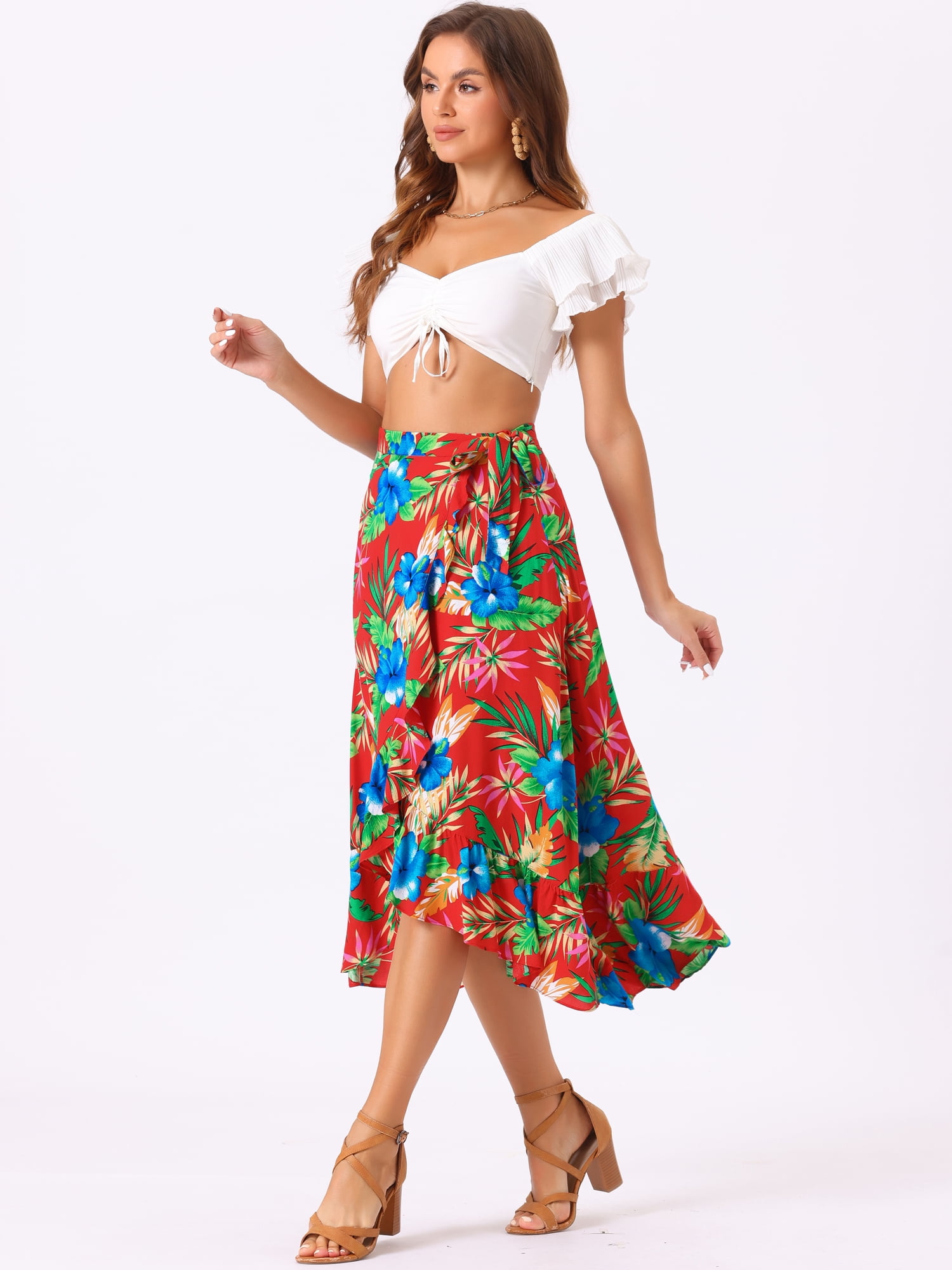 DARING DIVA Women's Ruffle Self Tie Knot Split Beach Wrap Midi Skirt S Red