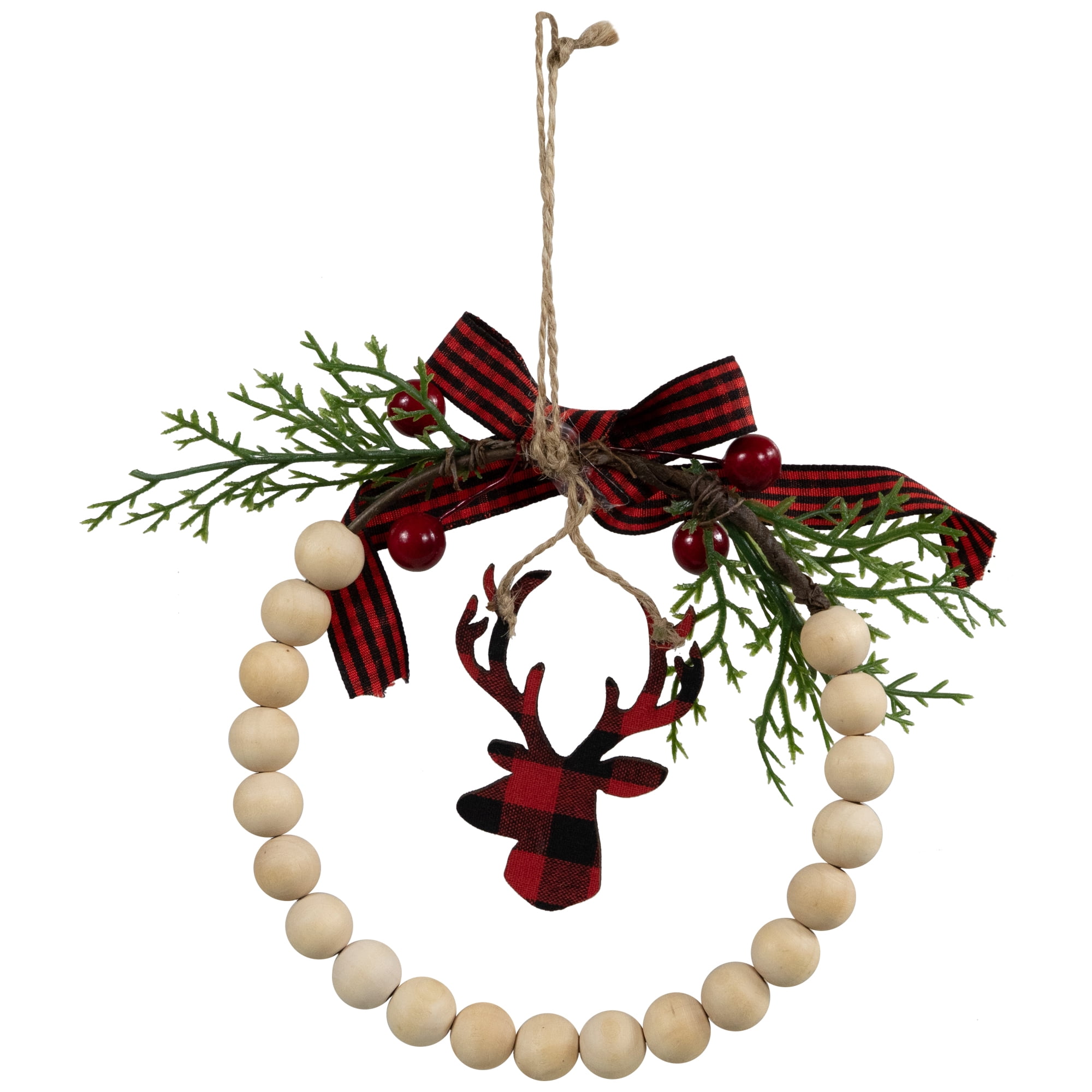 Northlight Plaid Reindeer with Pine and Berries Christmas Wreath Ornament - 7.5"