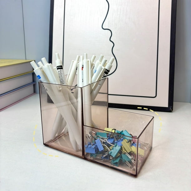 Portaplumas transparente de 2 cuadrículas - Organizador de plástico para papelería y brochas de maquillaje, caja de almacenamiento dividida en altura, transparente/gris/rosa/café