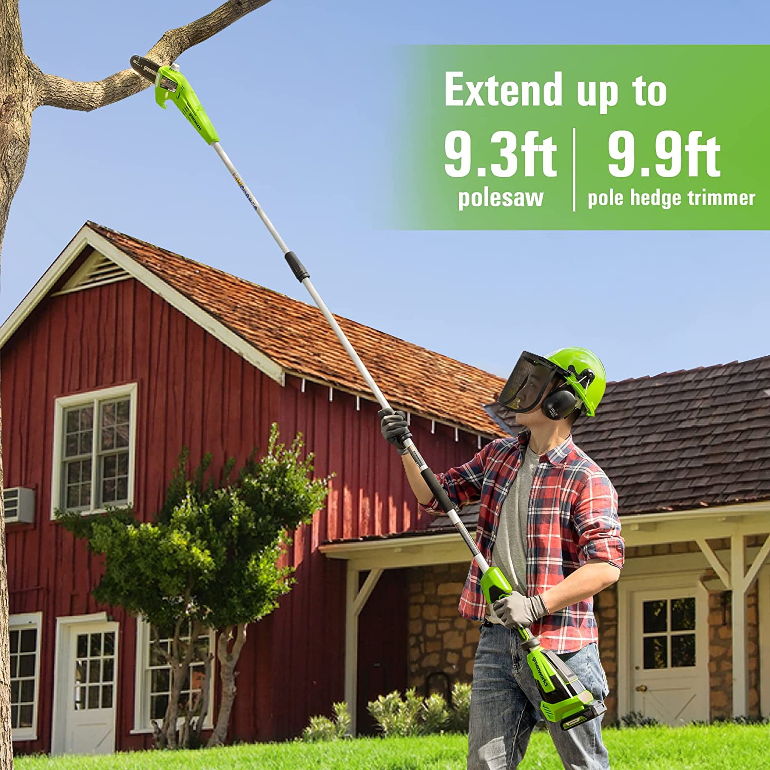 Greenworks 24V 8” Polesaw / Pole Hedge Trimmer Combo, 2.0Ah Battery and Charger