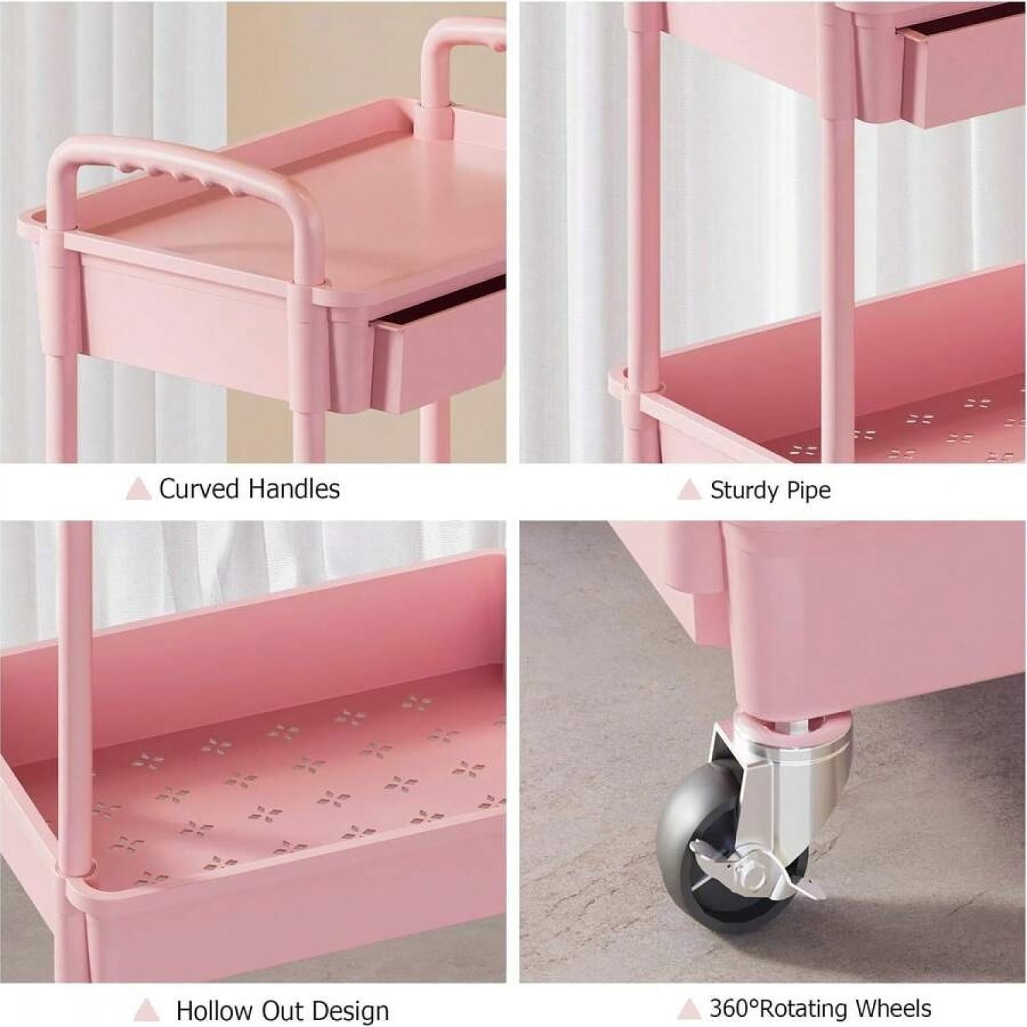 odorsTT 3 Tier Pink Rolling Storage Cart with Drawers Rolling Utility Cart with Drawers,Room Decor,Bathroom Decor,Rolling Utility Cart Rolling Storage Organizer Tool for Kitchen,Bathroom