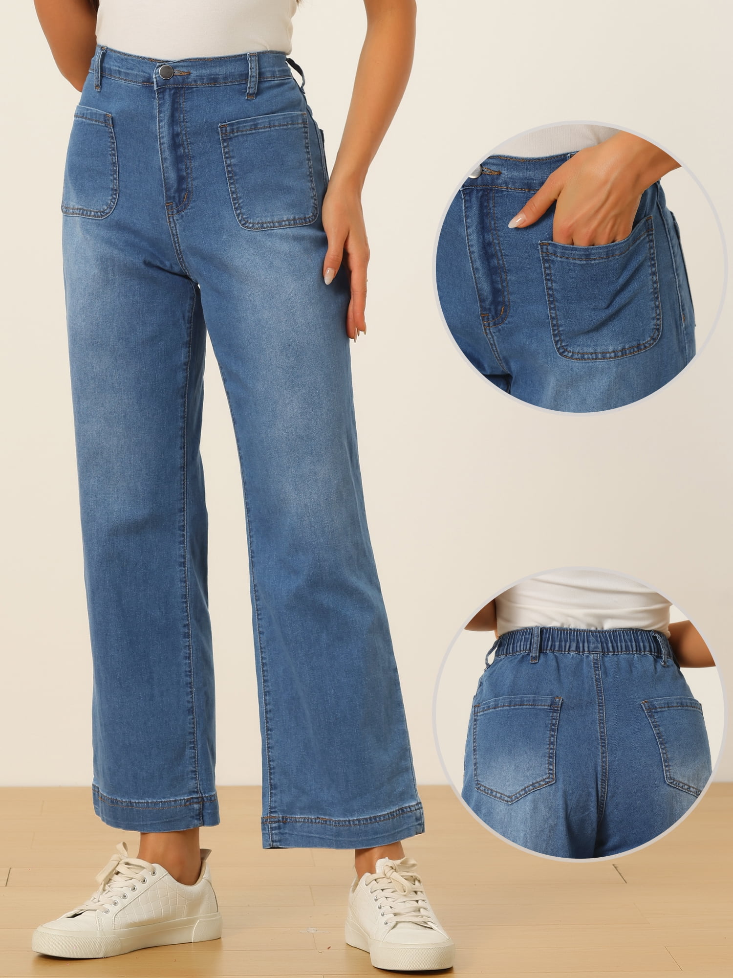 DARING DIVA Women's Wide High Waisted Stretchy Jeans Buttoned Denim Pants S Blue