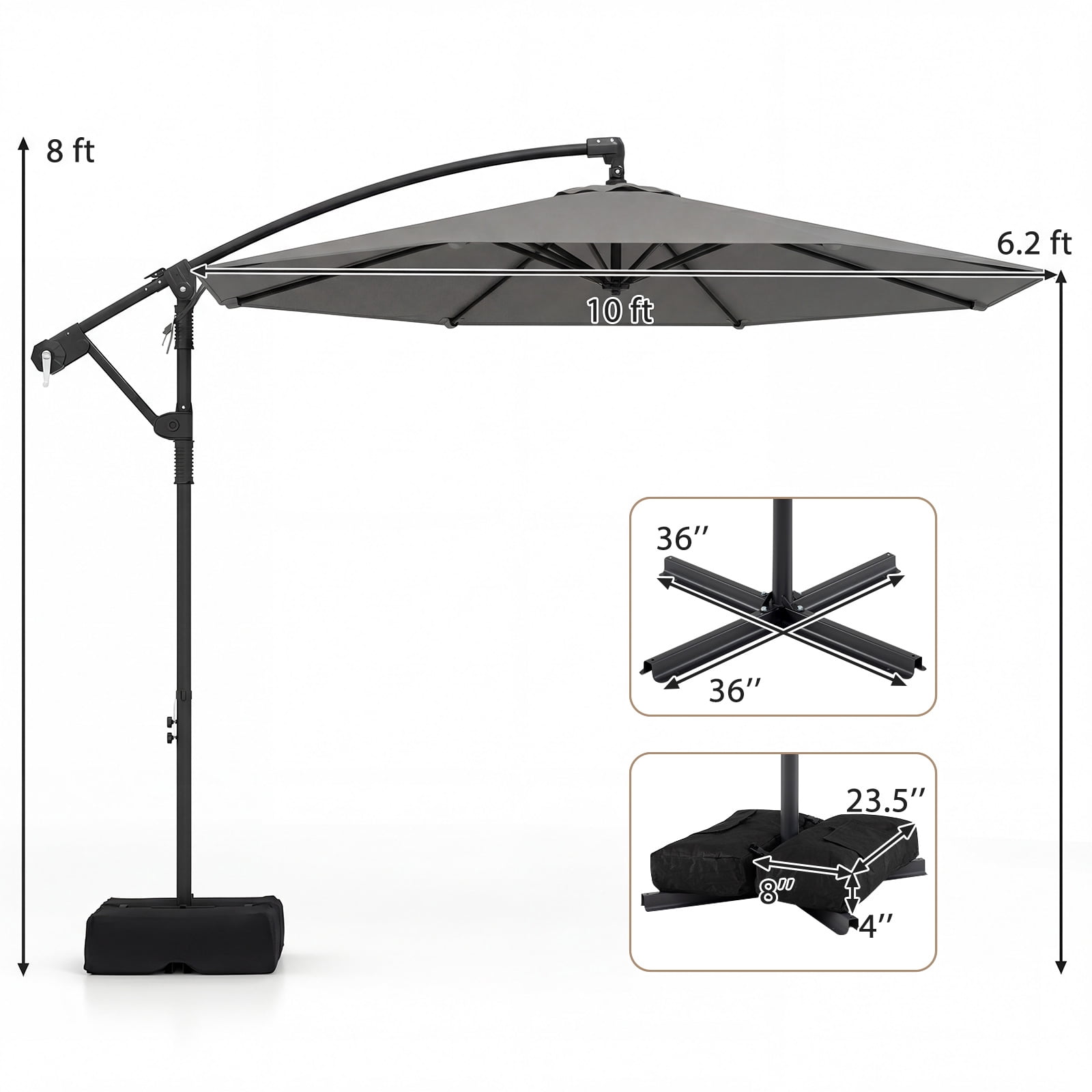 Costway 10 FT Offset Hanging Umbrella with Base Patio Cantilever Umbrella 360° Rotation Gray