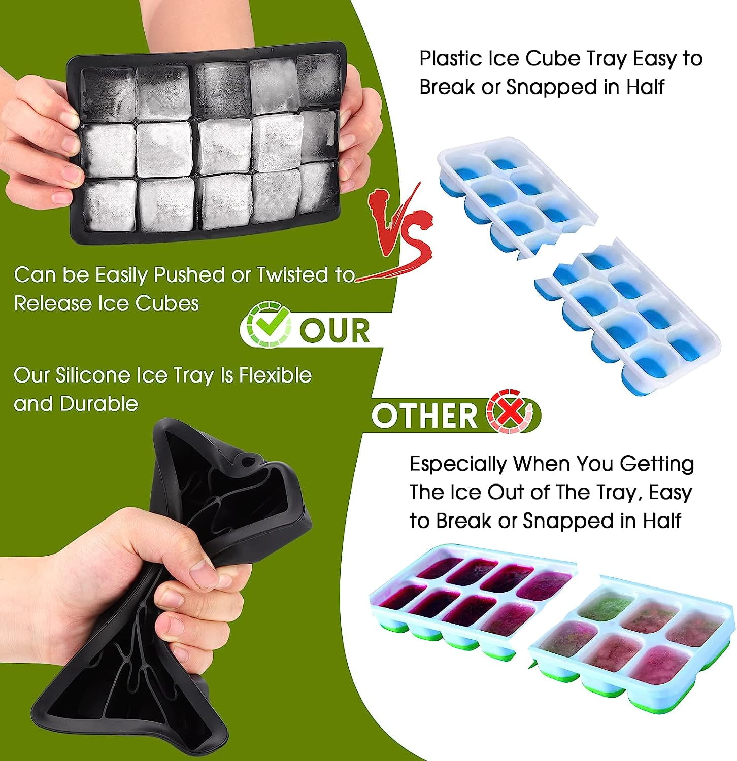 Large Ice Cube Trays with Lid,3 Pack Silicone Ice Cube Molds,15 Big Square Ice Cube Trays for Freezer Containers,Stackable Ice Maker for Cocktails,Whiskey,Easy Release & BPA Free(Black)