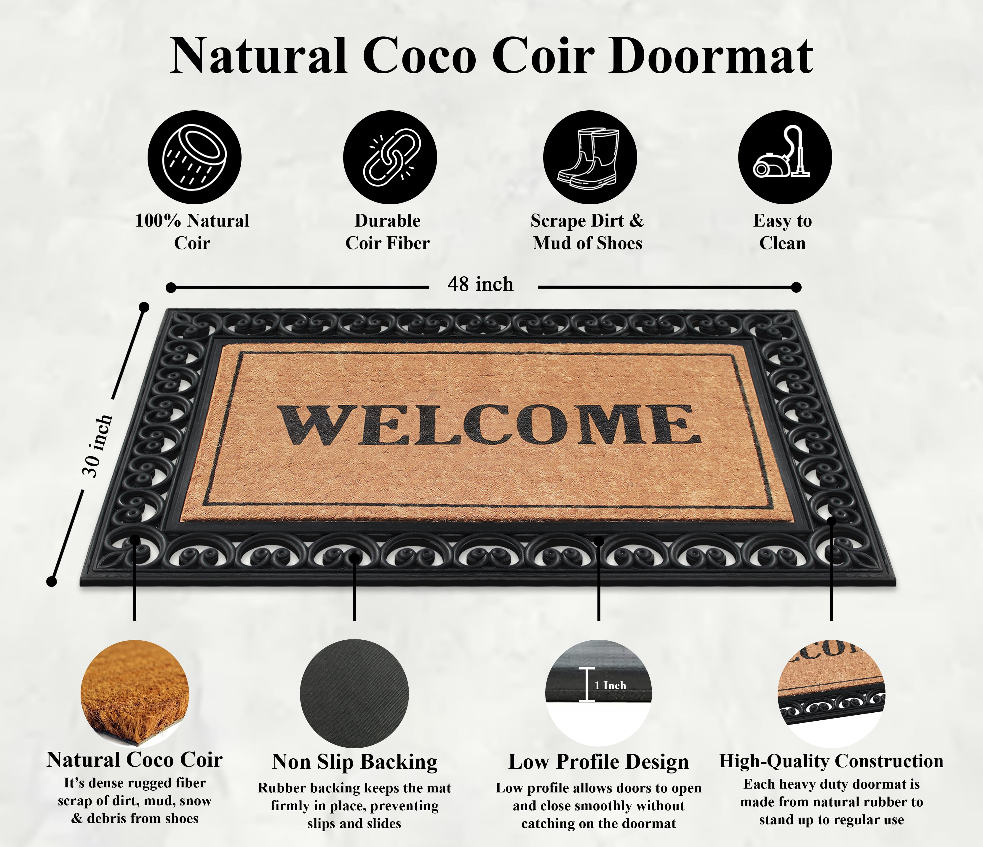A1HC 30"x48" Outdoor Coir & Rubber Door Mat, Heavy-Duty, Durable, Fade-Resistant Front Porch Welcome Mat, Black Paisley Design