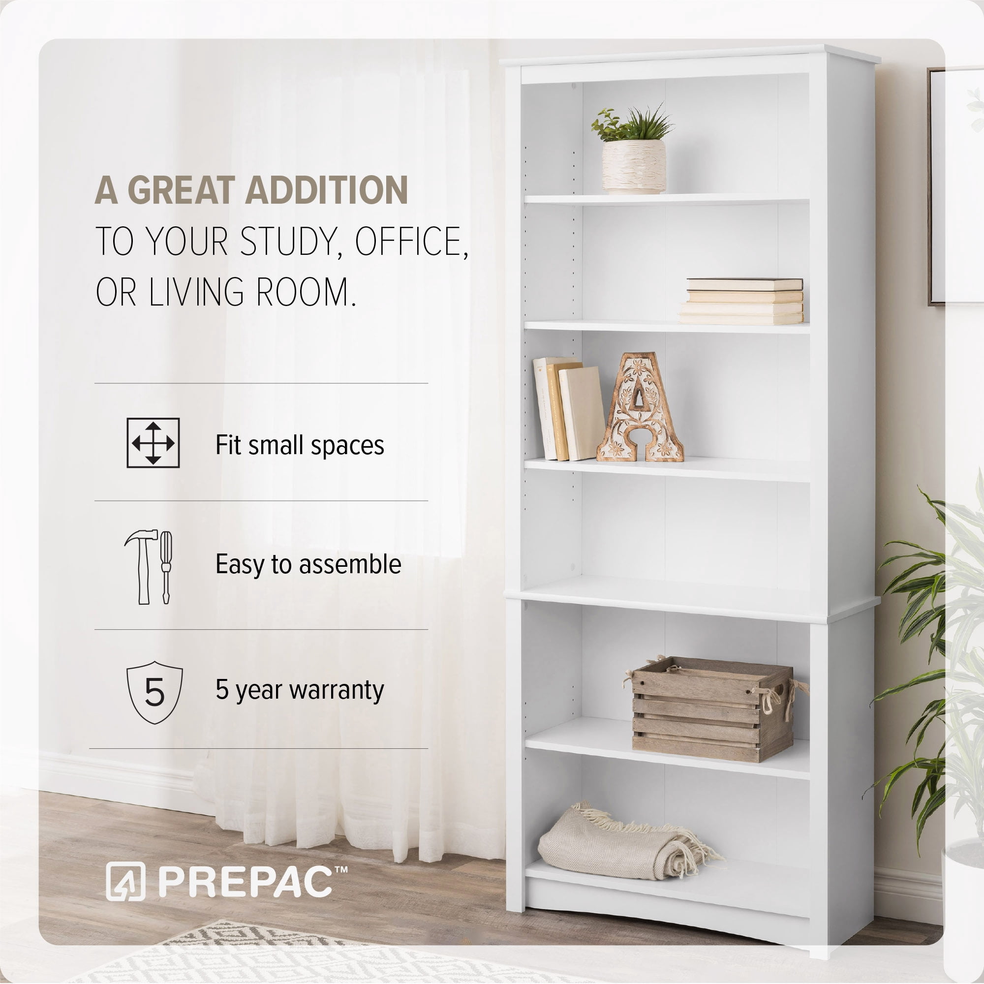 Prepac Home Office 6-Shelf Standard Bookcase, White