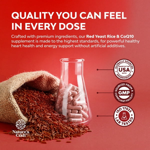 Natures Craft Red Yeast Rice Capsules 1200mg with CoQ10 100mg, Heart Health Supplement, 120 Count