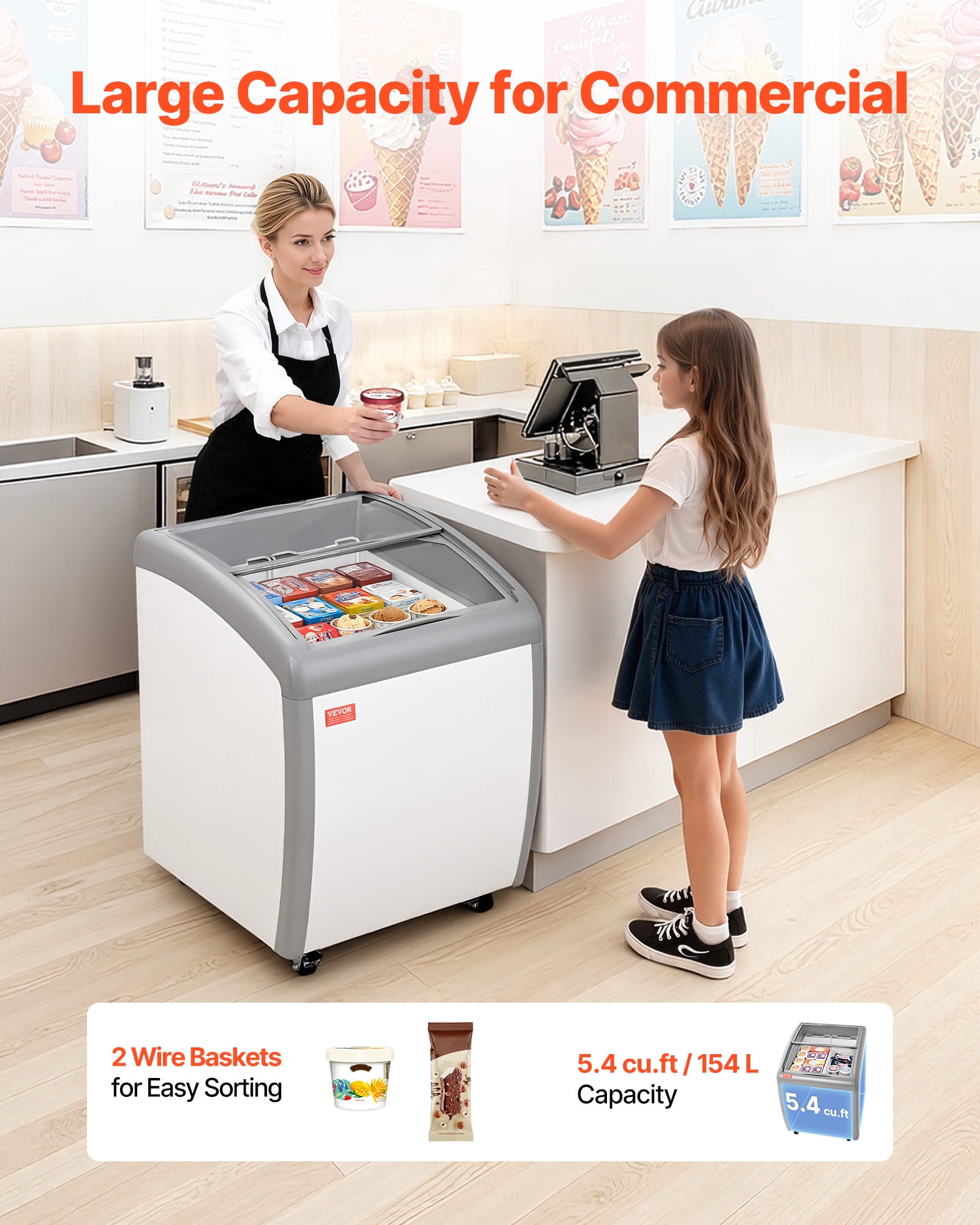 VEVOR Commercial Ice Cream Display Case, 5.4 Cu.ft Chest Freezer, -19 to 3℉ Temp Adjustable Mobile Top Deep Freezer with 2 Wire Baskets, 2 Sliding Glass Doors, Locking Casters & LED Strip Lighting