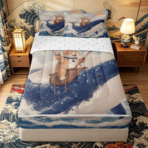 Castle Fairy Retro Cat Riding Whale Zipper Twin Comforter Sets with Fitted Sheet and 2 Pillowcases,Wave Mountain Kitten Art Zipper Bedding Set,Sky Cream,Reversible,4-Piece