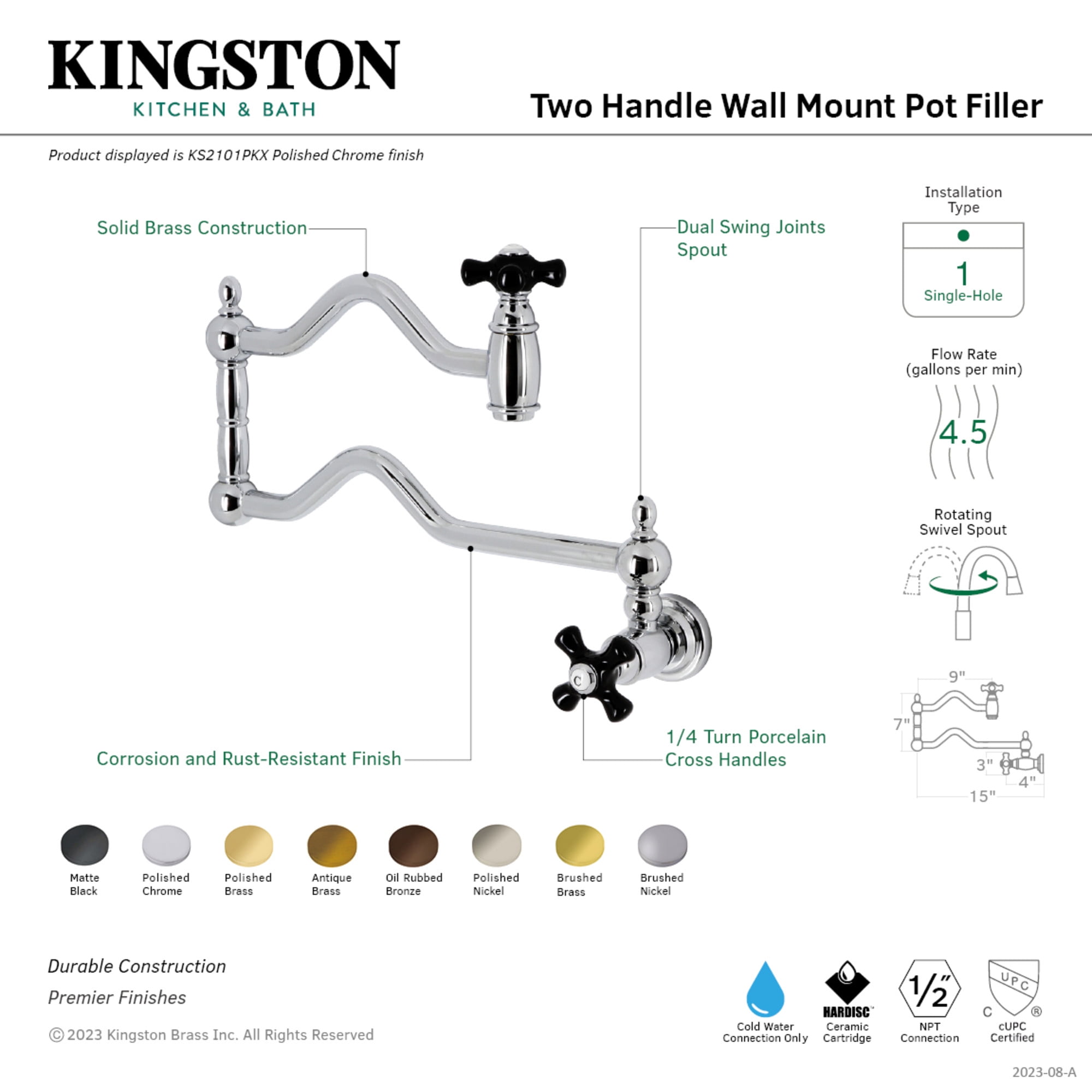 Kingston Brass KS2107PKX Duchess Wall Mount Pot Filler Faucet, Brushed Brass