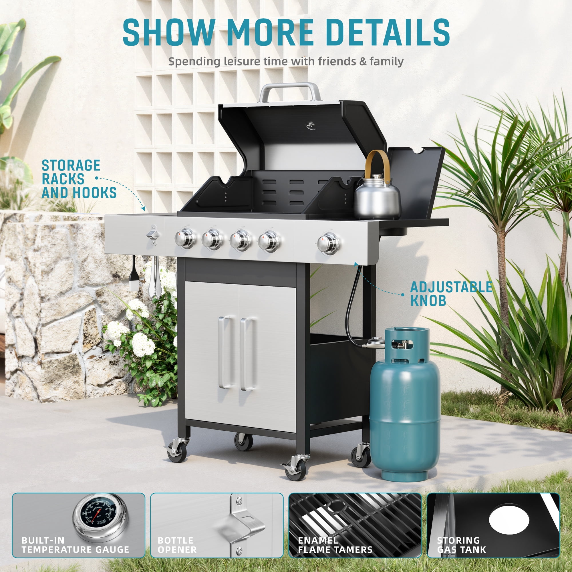 Biotree 4 Burner Gas Grill with Side Burner, 50800 BTU Barbecue Grill Propane Stainless Steel BBQ Grill with Porcelain-Enameled Cast Iron Grates for Outdoor Cooking