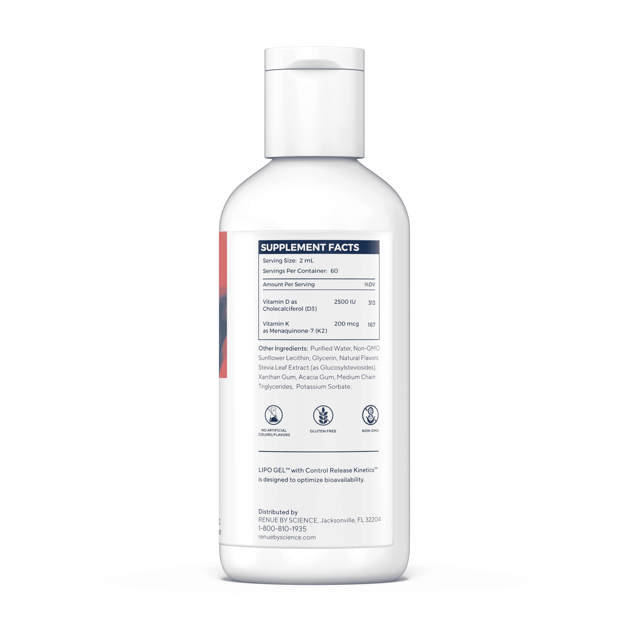 RENUE by SCIENCE Vitamin D3 K2 Gel | High Strength Liposomal D3 K2 Supplement | 120ml Vitamin D K2 Gel - 2500IU Vitamin D3 & 200mcg Vitamin K2 per Serving | Non-GMO & Allergen Free | Made in the USA