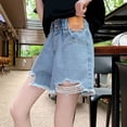 thumbnail image 5 of Rggeeun Baby Girls Jean Shorts Elastic Waist Distressed Hem With Side Pockets Above Knee Wide Leg For Summer Travel Party Lightweight Bottoms,Blue,10-11 Years, 5 of 5