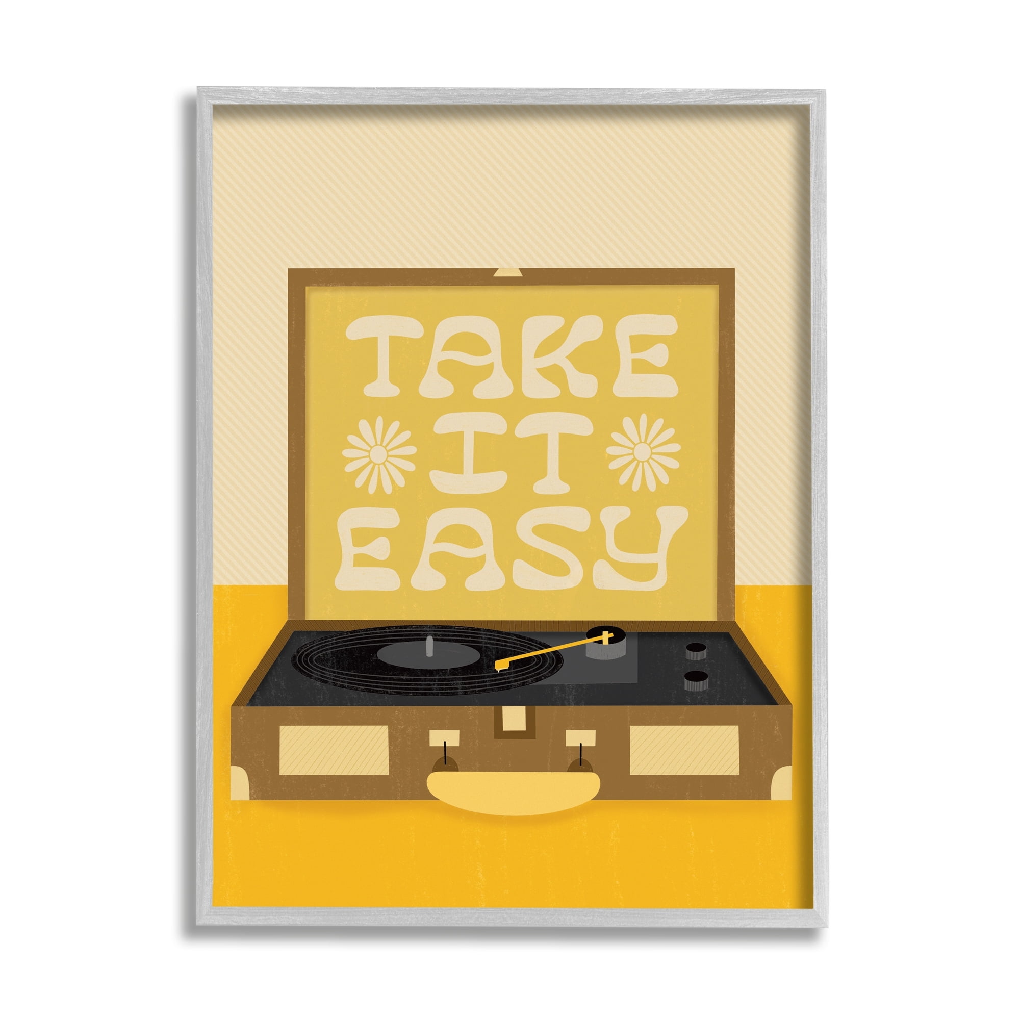 Stupell Industries Take it Easy Motivational Vintage Boho Record Player Graphic Art Gray Framed Art Print Wall Art, 11x14, by Jaylnn Heerdt