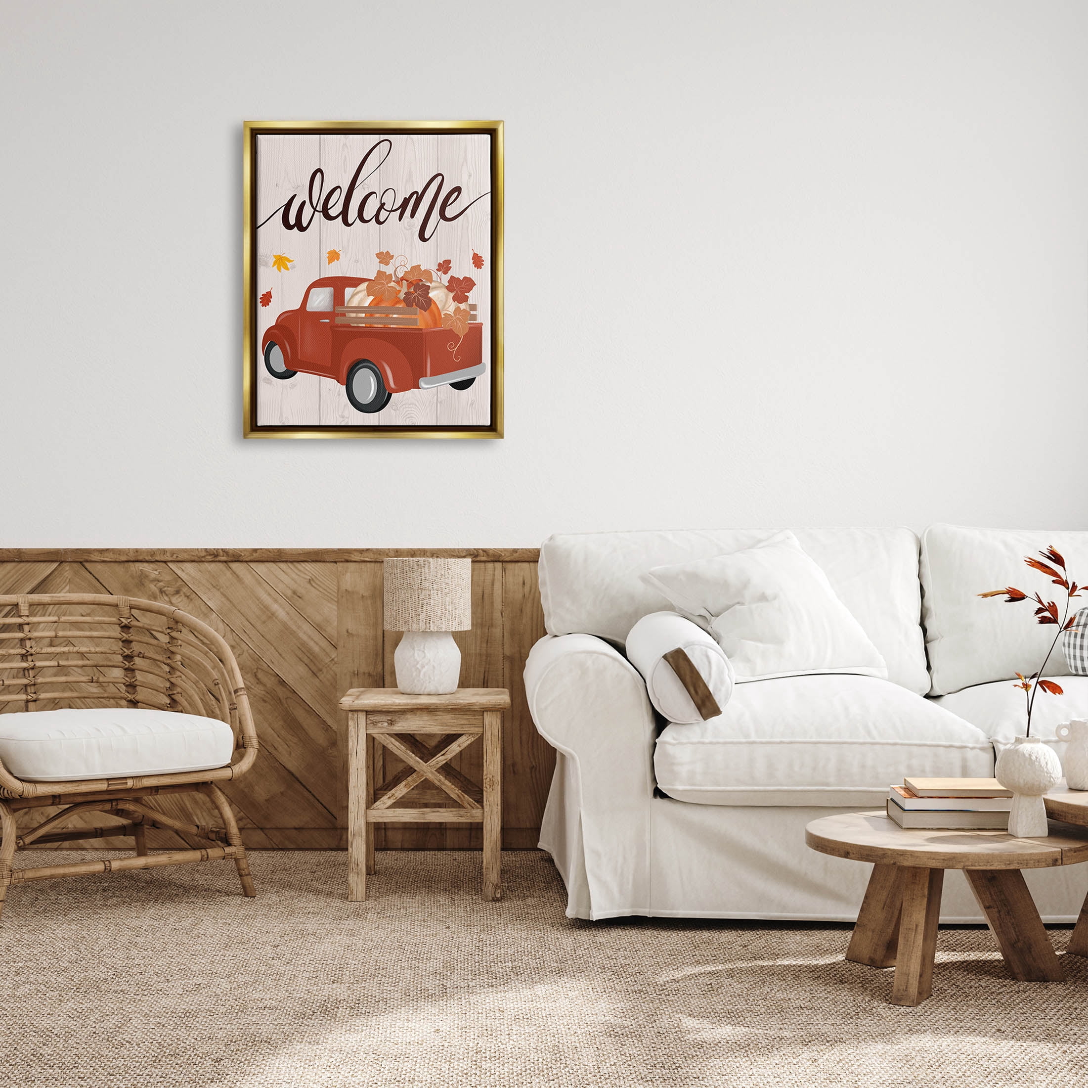 Stupell Industries Welcome Country Pumpkin Truck Graphic Art Metallic Gold Floating Framed Canvas Print Wall Art, Design by Jo Taylor