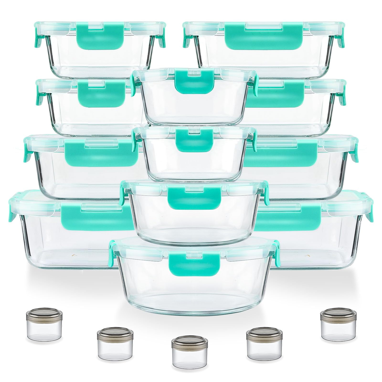 34pcs Glass Food Storage Containers with Lids Set, Airtight Meal Prep Containers (17 Containers & 17 Lids), Green