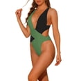 thumbnail image 4 of INSPIRAR CHIC Traje de baño de una pieza para mujer, color contrastante, escote en V profundo, espalda cruzada, bañador monokini, talla X-Large, verde militar y negro, 4 of 5