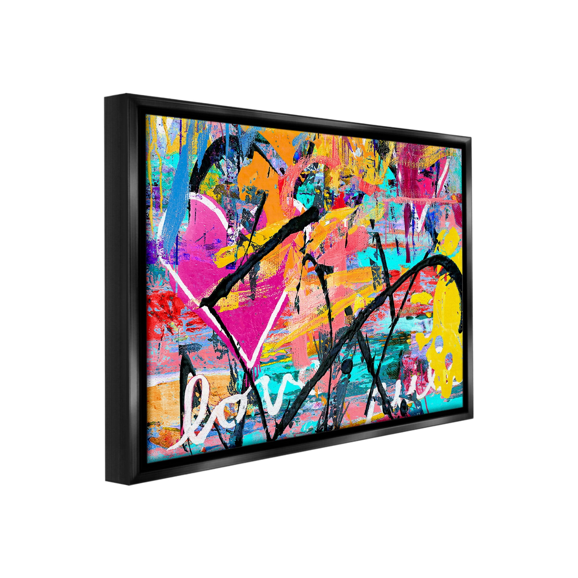 Stupell Industries Vivid Love Graffiti Collage Abstract Painting Black Floater Framed Canvas Art Print Wall Art, 31 x 25