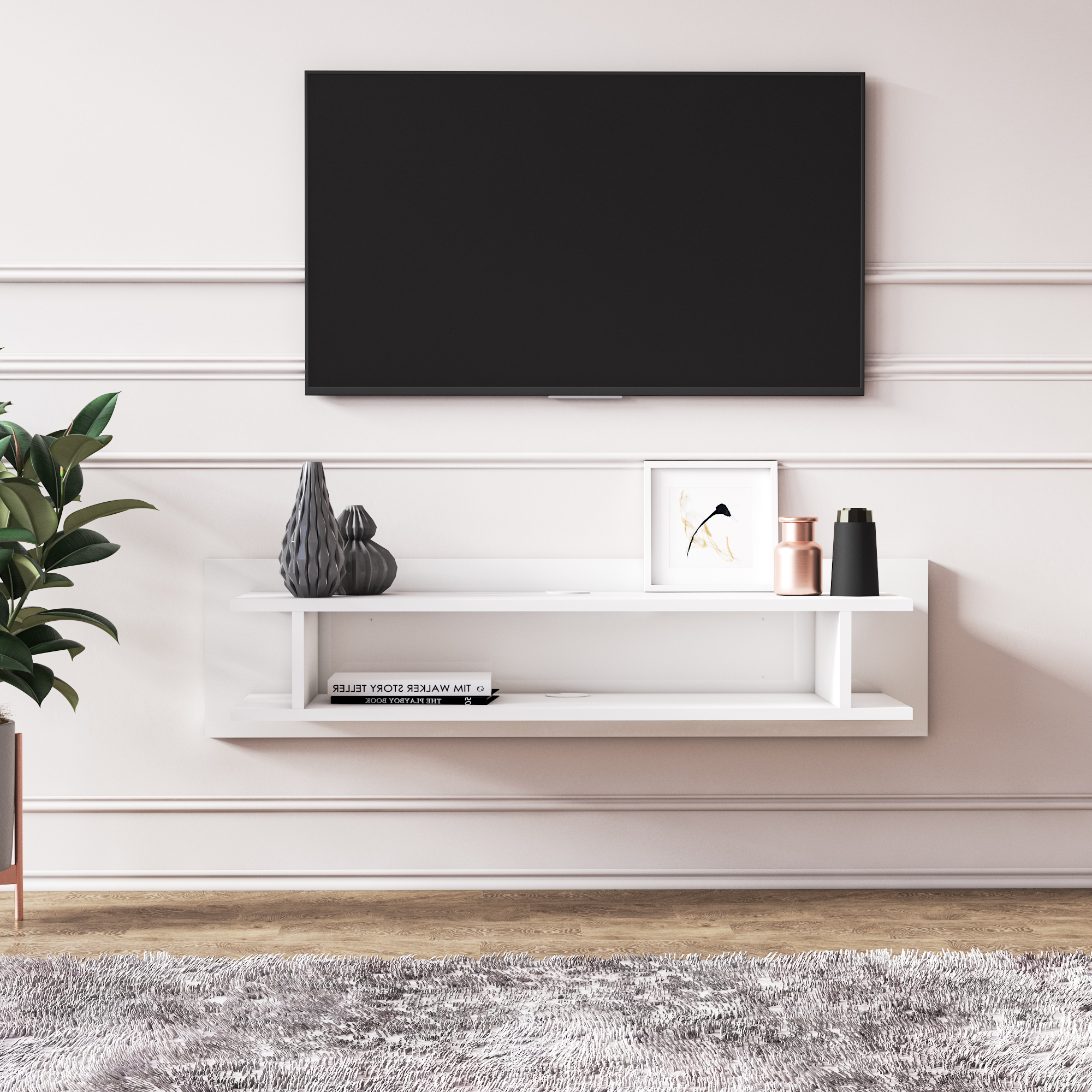 Lucio 43 Inches Floating TV Stand Floating TV Shelf Glossy White