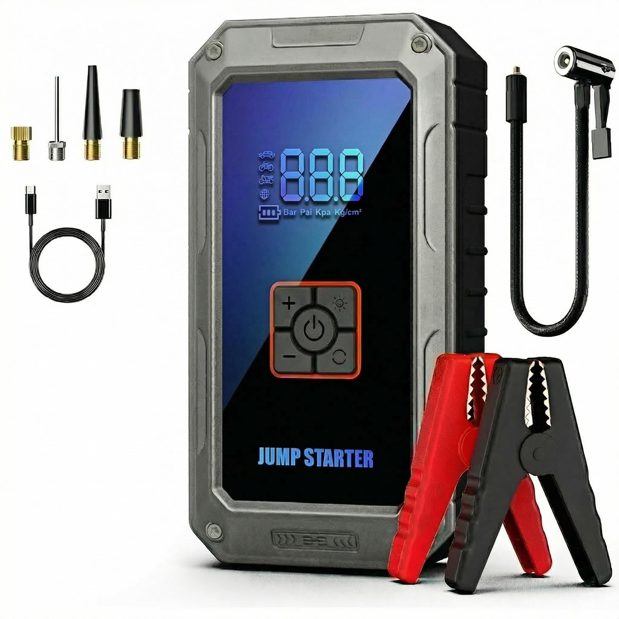 Oandys 4500A Car Jump Starter with 150PSI Air Compressor, 12V Portable Battery Booster Pack for 9.0L Gas/8.0L Diesel Engines, with LED Display, Emergency LED Light & Power Bank Function