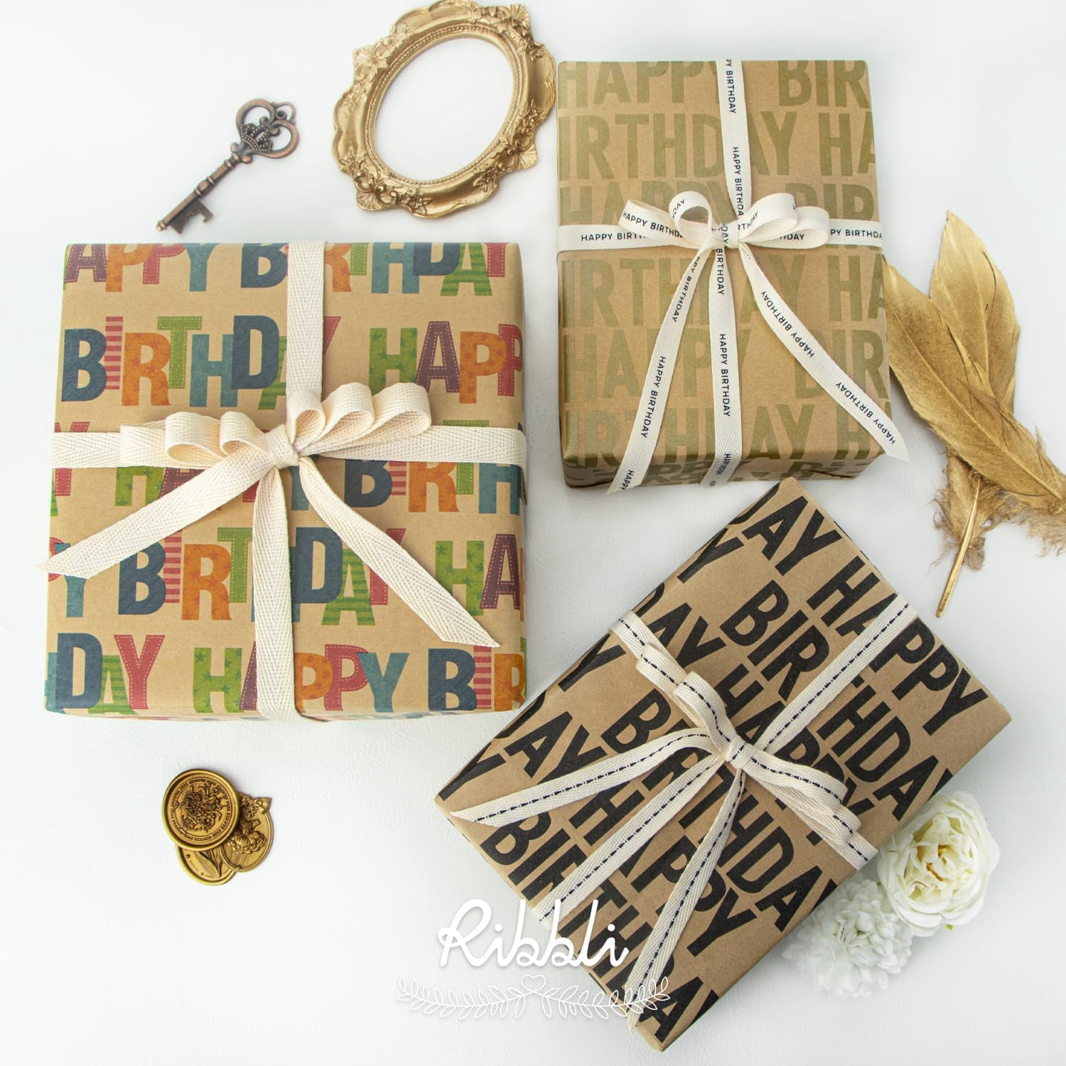 Birthday Kraft Wrapping Paper Vintage Style Paper Perfect for Kids Boys Girls Brown Kraft Paper with Colorful Pattern- 17Inch x 394Inch(33Feet)