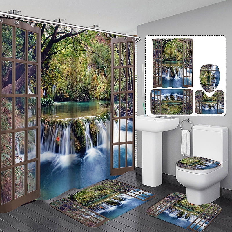 Autumn Forest Waterfall Shower Curtain Bath Mat Toilet Cover Rug Bathroom Decor 