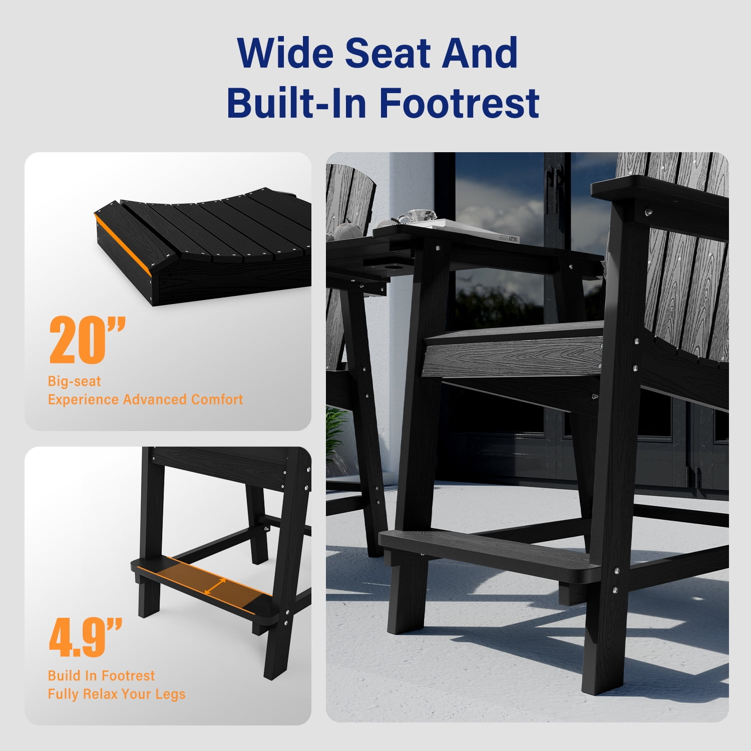 WINSOON Tall Adirondack Chair Set of 2 with Connecting Tray,Outdoor Bar Stools-Black