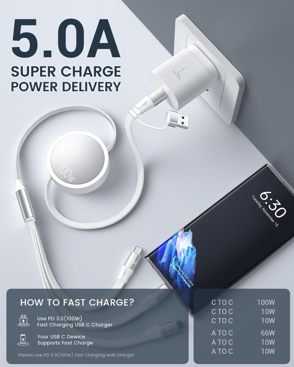 JJEAN-Retractable Charging Cable, 100W USB C Fast Charger Cable 3 in 1 with [30-130cm] Adjustable Length, Multi-Port Cord for Laptop, Phone, Car, Travel - PD3.1/QC5.0（White）
