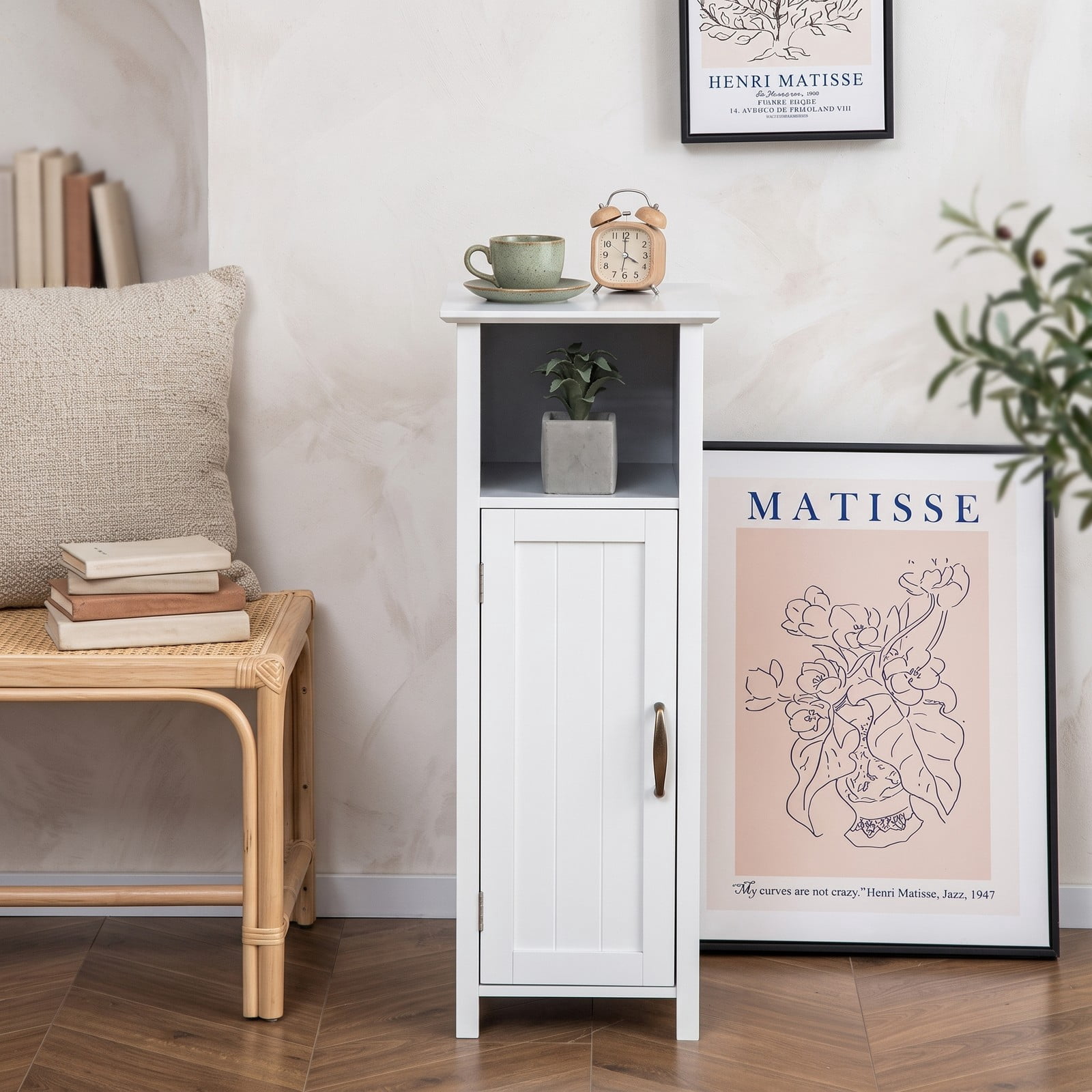 Fenbeli 1-Door Freestanding Bathroom Cabinet with Open Shelf, 2-Tier Floor Storage Organizer and Anti-Tip MDF Corner Cabinet for Bathroom Bedroom Living Room, White