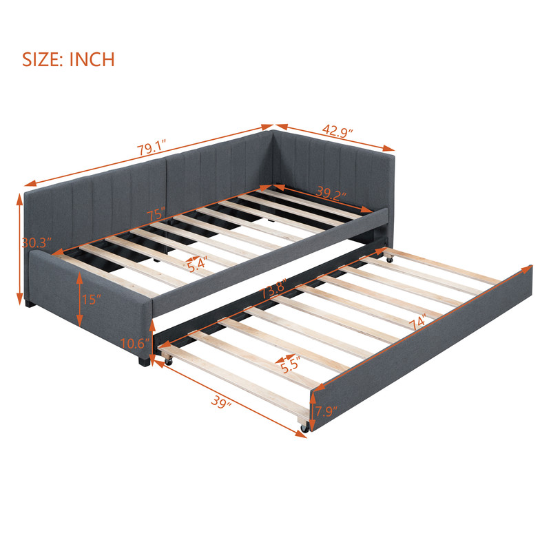 Aukfa Daybed with Trundle, Twin Size Upholstered Bed Frame, Gray
