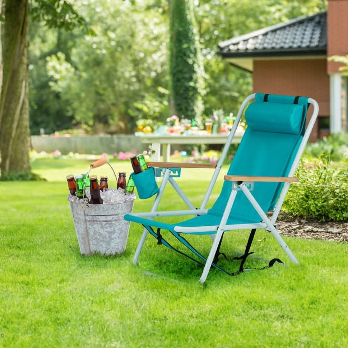 Folding Beach Chair with Backpack Straps, Camping Chair 4 Reclining Positions, Wooden Armrests & Cup Holder, 265lb Capacity