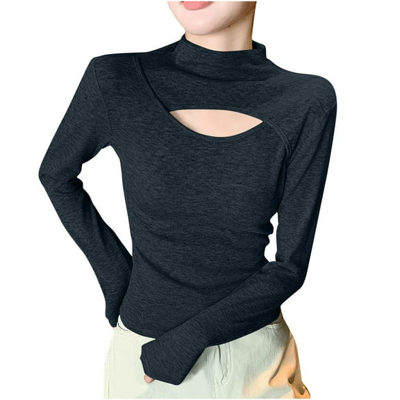 STETMN Long Sleeve Shirts for Women Cutout Front Mock Neck Tops Basic Solid Slim Fit Tunic Tee