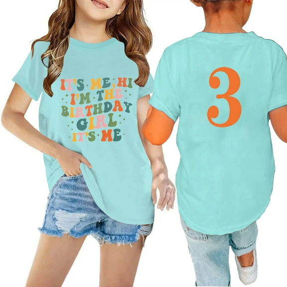 Dianli Girls Shirts Fashion Crew Neck Blouse Cotton Short Sleeve Birthday Graphic Birthday Party Tops Comfy Girls Tops Size 10-12 Shirts for Girls 4-12 Up to 60% Off Blue 3 Years