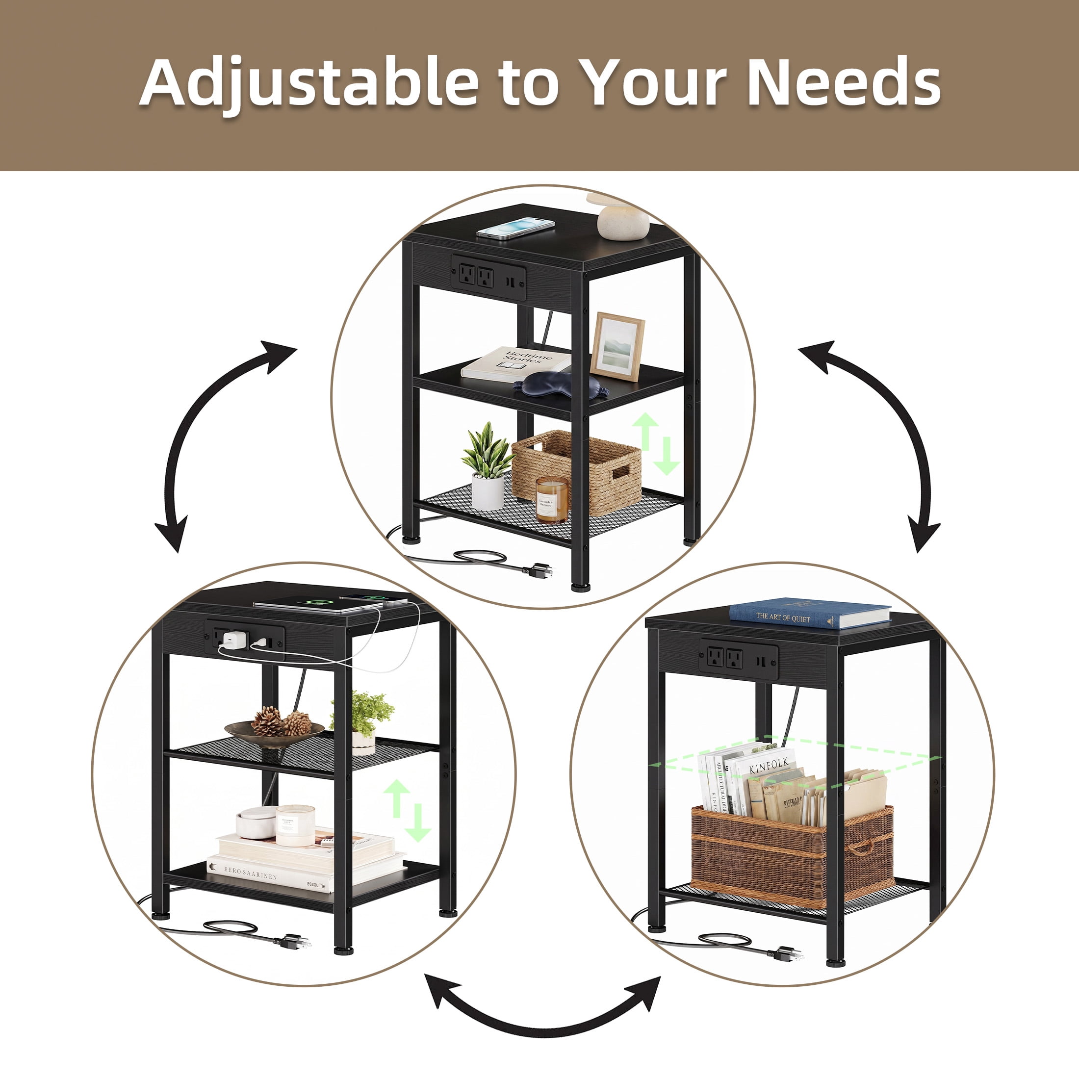 CONCETTA 3 Tier Nightstand with Charging Station, Bedside End Table for Bedroom Living Room, Black