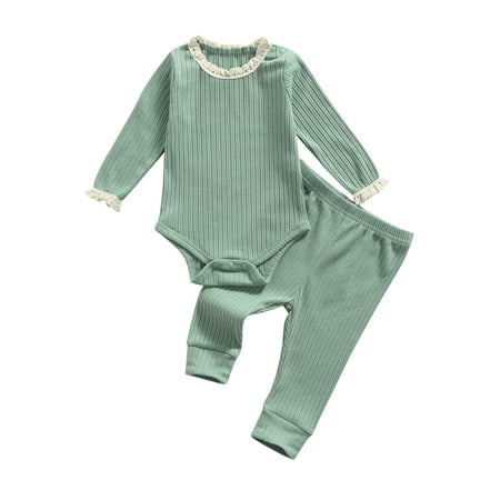 

Bmnmsl Baby Set Lace Trim O-Neck Long Sleeve Romper Solid Color Trousers