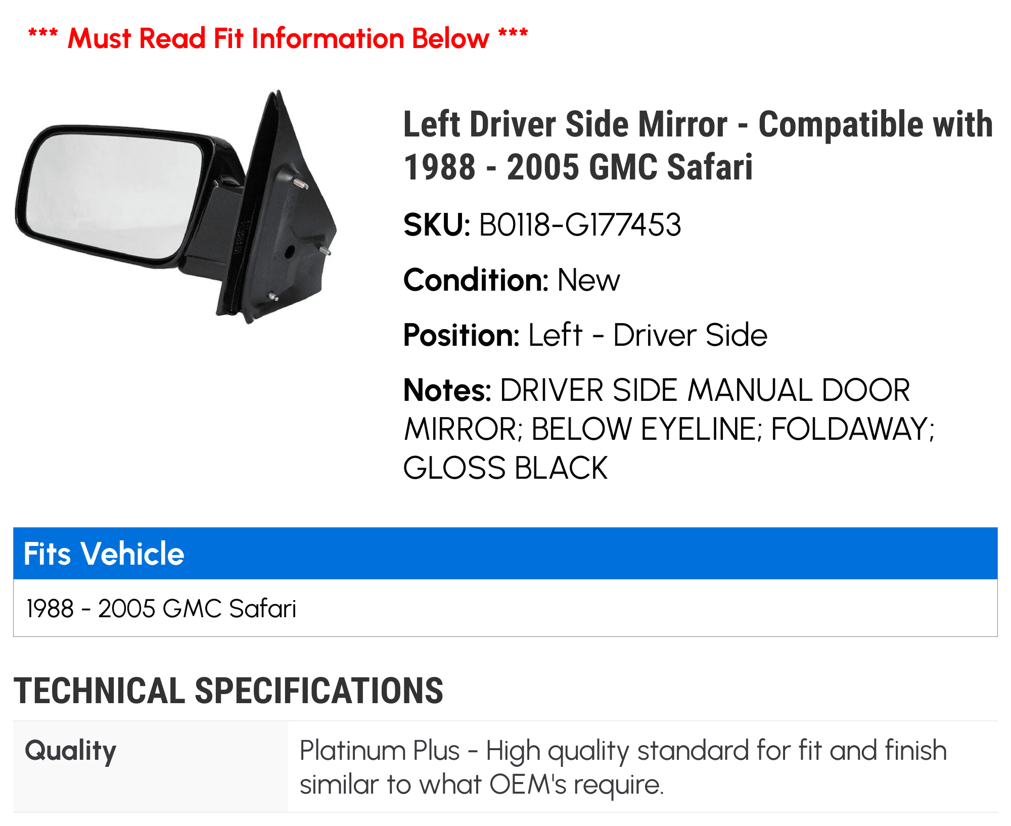 Left Driver Side Mirror - Compatible with 1988 - 2005 GMC Safari 1989 1990 1991 1992 1993 1994 1995 1996 1997 1998 1999 2000 2001 2002 2003 2004
