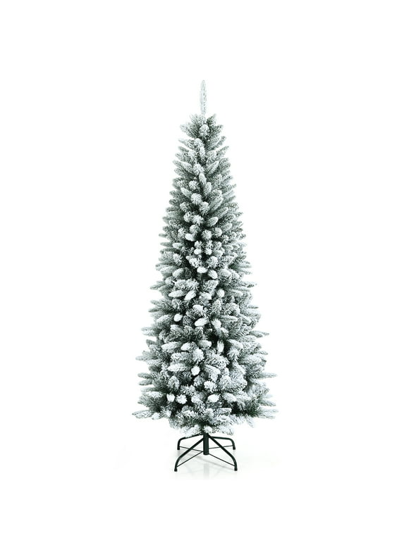 6.5ft Snow-Flocked Hinged Artificial Christmas Pencil Tree w/ 829 Mixed Tips