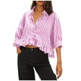 thumbnail image 3 of VKOYWKM Womens Summer Tops Dressy Casual Button Down Collar Striped Shirt 3/4 Sleeve Crop Top Ruffled Hem Loose Fit Oversized Trendy Blouses, 3 of 7